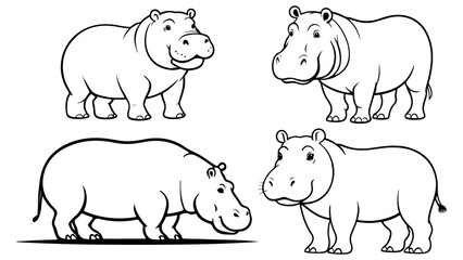 four illustration of a big hippo line art silhouettes 