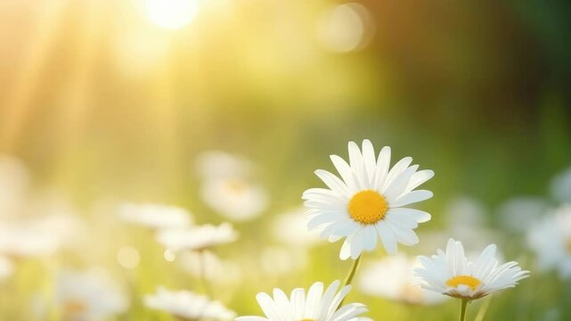 Close-up of daisies in a sunlit meadow, captured with a low-angle lens flare effect, creating a serene, dreamy video scene. Live desktop wallpaper.