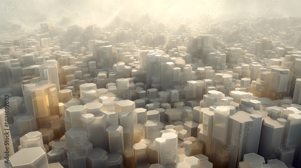 Poster abstract image of a cityscape composed of hexagonal prisms, rendered in soft beige and light brown t