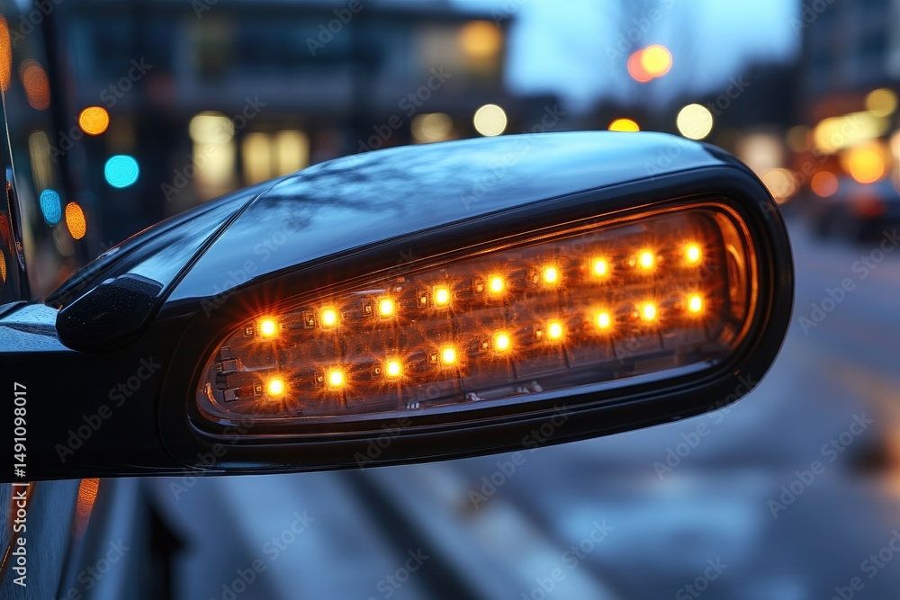 Poster close-up view of a car side mirror with illuminated indicators.