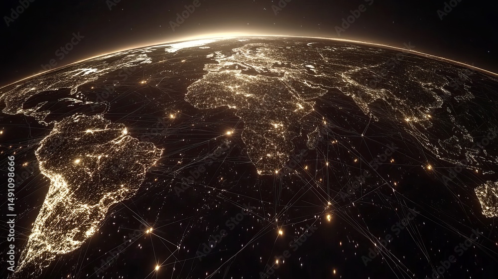 Poster global network connections illuminated earth night digital art background map web data world lines