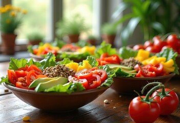 vibrant salad bowls colorful vegetables fresh healthy ingredients garnish nutrient rich culinary presentation, leaf, lettuce, tomato, cucumber, pepper, onion