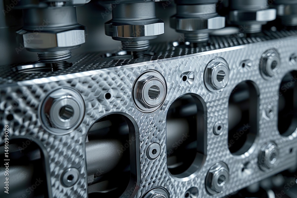 Poster close-up view of intricate metallic machine components.