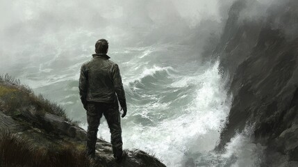 Obraz premium Contemplating the Tempest, A solitary figure faces a stormy sea