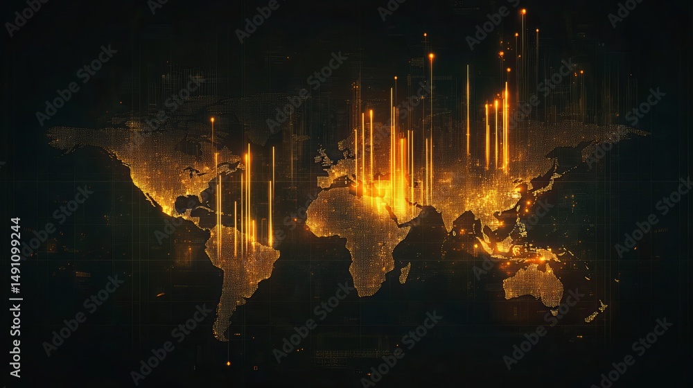 Poster global network digital world map abstract orange gold technology background web art data glow lines