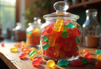 vibrant colorful assorted candies beautifully arranged clear glass jar luscious variety, lollipop, marmalade, gummy, chewy, sweet, treats, pastel