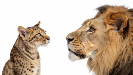 Lion and bengal cat face off isolated on a white background