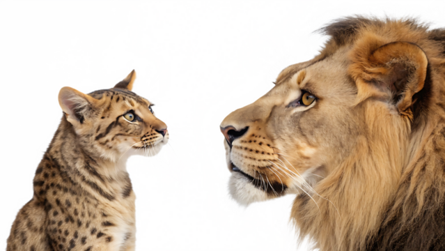 Lion and bengal cat face off isolated on a white background