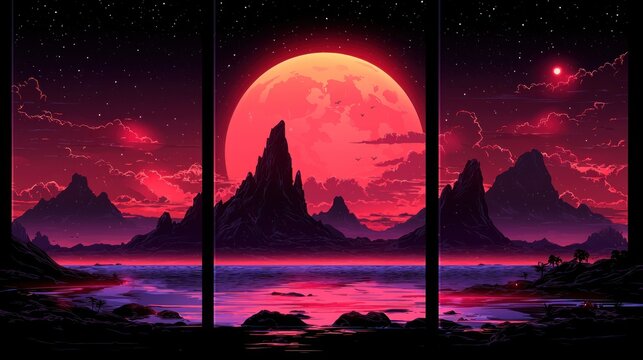 Tripartite red moon landscape