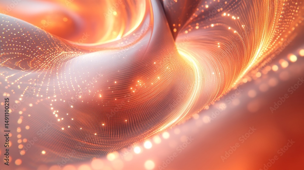 Poster abstract swirling design with warm colors and glowing particles.