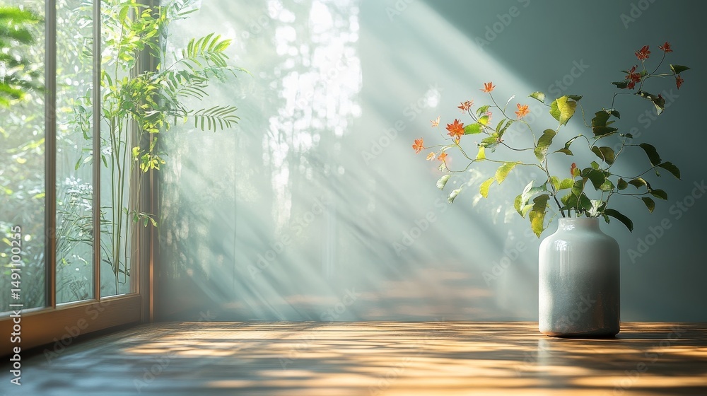Poster sunlight streams through a window onto a wooden table with a vase of flowers.