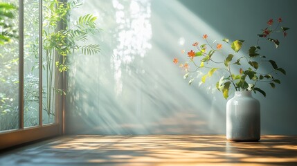 Sunlight streams through a window onto a wooden table with a vase of flowers.