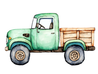 Watercolor painting of a vintage green pickup truck with a wooden bed, isolated on a transparent background. The truck has large tires and a rustic look.