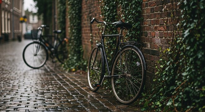 Vintage bicycle leaning against a brick wall covered in ivy on a cobblestone street - Powered by Adobe