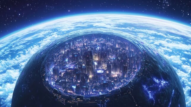 Futuristic cityscape in space colony with earth backdrop viewed from afar