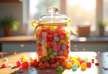 vibrant colorful candy assortment glass jar treats sweet confectionery sweets delightful edibles sugar candies, gummybear, marshmallow, chocolate, lollipop