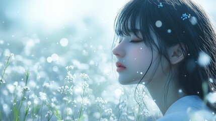A serene young woman amidst a field of delicate blossoms.