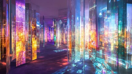 Illuminated reflections, abstract cityscapes in vibrant panes of glass
