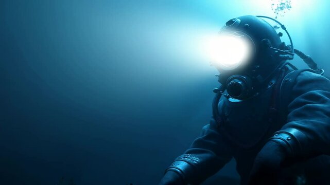 
A deep-sea diver exploring the ocean floor, surrounded by marine life and underwater structures, wearing a heavy diving suit with oxygen tanks