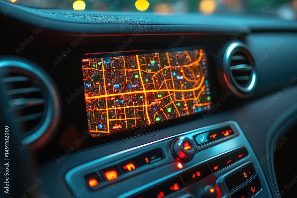 Poster illuminated car navigation system display in the vehicle's dashboard.