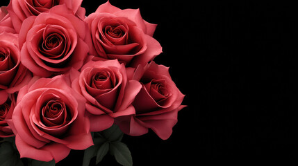 Obraz premium A beautiful bouquet of elegant red roses blooms gracefully against a stark black backdrop, creating a striking contrast that emphasizes the flowers' rich color and texture.
