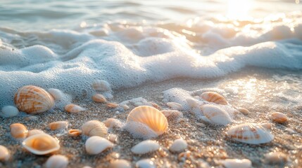 Seashells on a sandy beach wash by waves in the morning light.