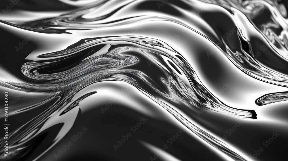 Poster abstract metallic surface with dynamic flowing forms.