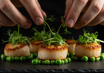 Seared scallops topped with sprouts and served on a bed of green peas are being garnished by chef's hands. The dish is presented on a black slate plate with dark background