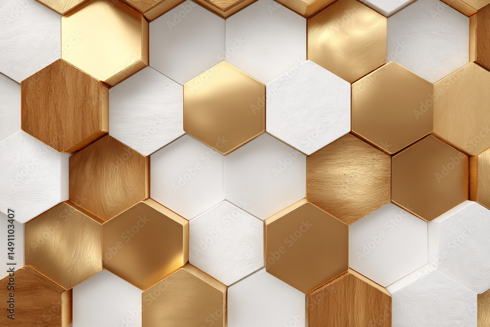 Poster Abstract geometric pattern of gold and white hexagons creating a luxurious and modern texture, ideal for background or presentation