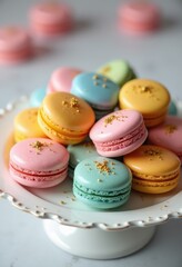 Obraz premium colorful assorted macarons plated white dish sweet treats delicacies culinary delight pastries, dessert, food, desserts, delicacy, cream, almond, filling