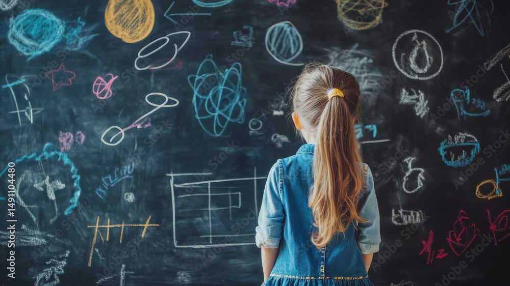 Poster a young girl standing in front of a blackboard, ready to learn or teach