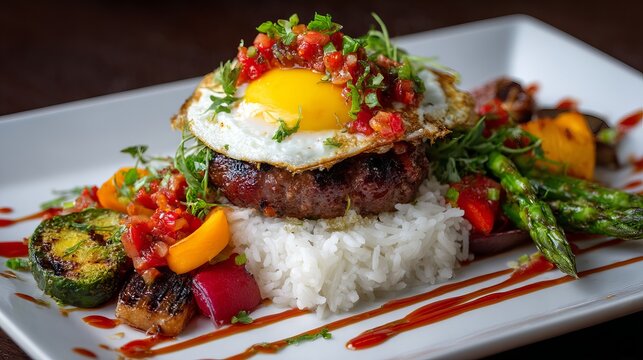 Loco moco plate with fried egg rice and grilled vegetables gourmet food photography delicious dish 100 char