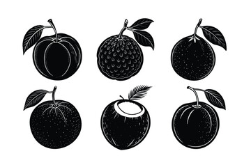 A fresh vector set of healthy fruits includes apple, orange, pear,  lemon, cherry, , plum, peach, grape,  icons