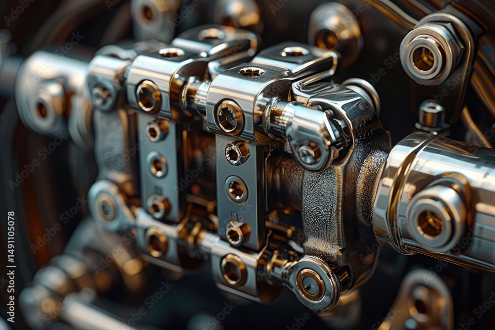 Poster close-up view of intricate metallic machinery components.