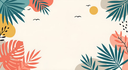 Fototapeta premium Colorful abstract tropical background featuring botanical leaves and organic shapes in a modern boho style. Ideal summer design template or frame for text, perfect for banners, invitations