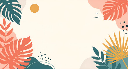 Colorful abstract tropical background featuring botanical leaves and organic shapes in a modern boho style. Ideal summer design template or frame for text, perfect for banners, invitations