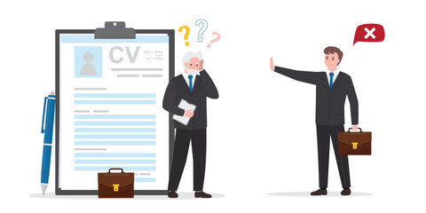 Unhappy elderly man with cv. Job restrictions, employer show gesture - stop, job seeker too old. Senior adult with resume. Age discrimination, ageism.