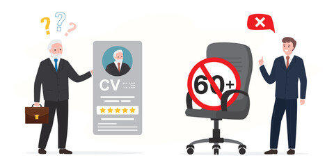 Unhappy elderly man with cv. Job restrictions, employer told job seeker too old. Office chair with age sign. Senior adult with resume. Age discrimination, ageism