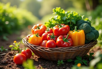 Fototapeta premium freshly picked organic vegetables colorful variety biodegradable basket harvest farm fresh produce, carrot, tomato, cucumber, pepper, radish, zucchini
