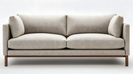 Light beige couch with wooden legs in  setting.