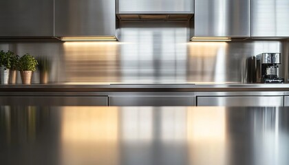A modern kitchen interior with stainless-steel countertop, induction cooktop, cabinets, and potted plant.