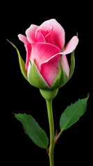 A lovely pink rosebud ascends from its stem, revealing the delicate layers of petals as it prepares to blossom against a stark black backdrop in a studio shot.