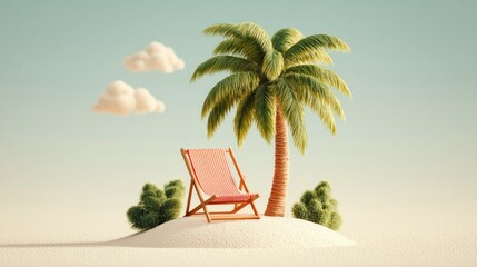 Obraz premium Relaxing Beach Scene with Palm Tree and Lounge Chair on Sandy Island