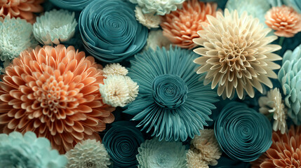 Close-up of teal and peach paper flowers, intricately layered, creating a lush and textured floral arrangement, showcasing a sense of elegance and artistry