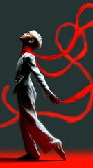 Serene Dancer in Crimson: A solitary dancer embodies a fusion of grace, elegance and movement. Clad in pristine white attire, a flowing red scarf gracefully trails through the air.