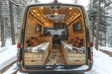 Interior of a customized camper van with wooden accents.