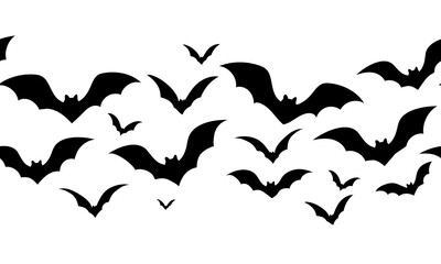 Horizontal border of flying bats. Black stylized silhouettes, seamless pattern
