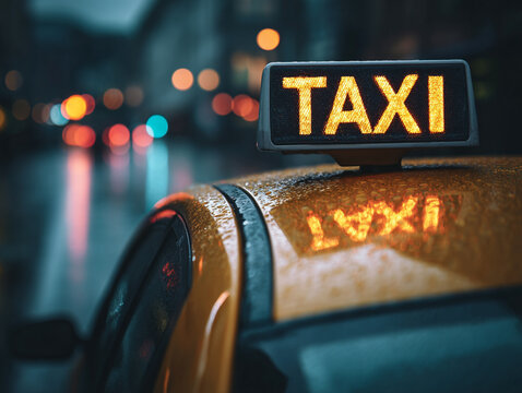 <Urban Transportation: Yellow Taxi Cab in Rainy City Night with Neon Lights and Reflections>