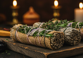 Herbal smudge bundles of sage and rosemary with thyme on wooden board with candles in dark background. Smudging herbs are tied with string and ready to use