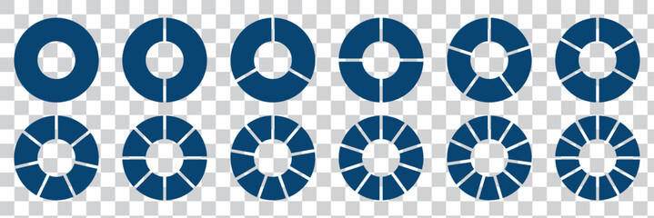 Circle pie chart diagram. Set of pie charts diagrams. Pie chart divided 2, 3, 4, 5, 6,7, 8, 9, 10, 11, 12. equal parts. Circle section graph. Different color circles. Colorful diagram graphs. Eps 10